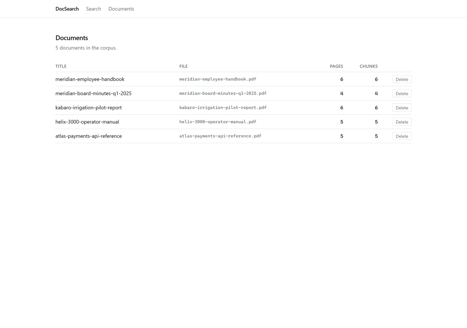 DocSearch's documents page listing the demo corpus with page and chunk counts