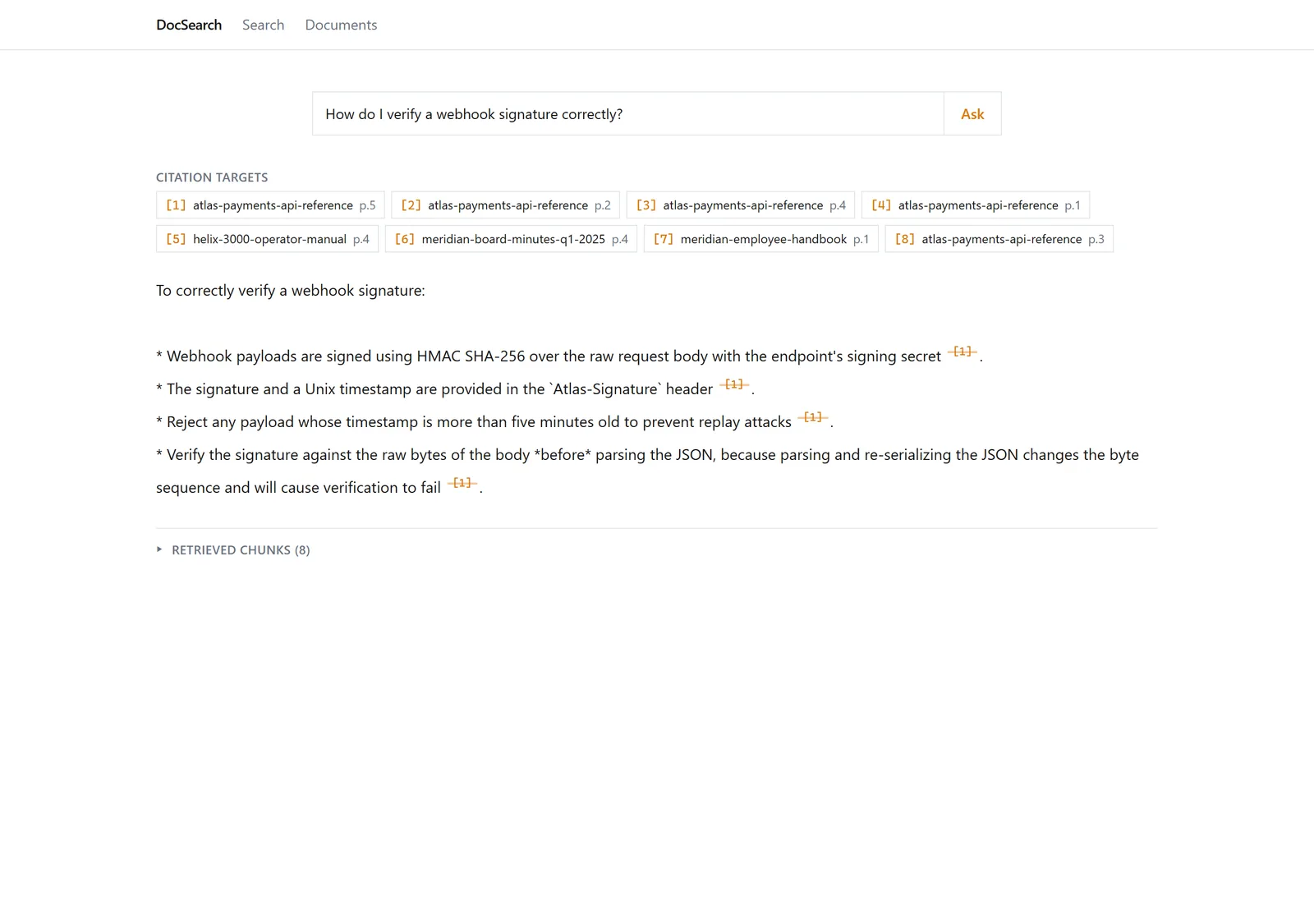 DocSearch answering a question about webhook signatures, each claim followed by a citation to its source document
