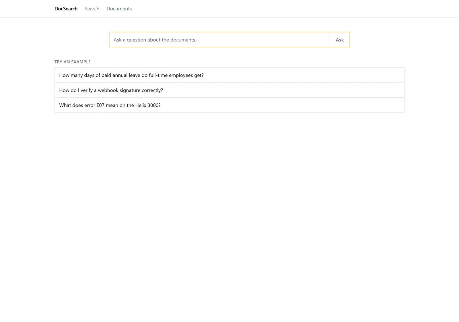 DocSearch's search page with example questions