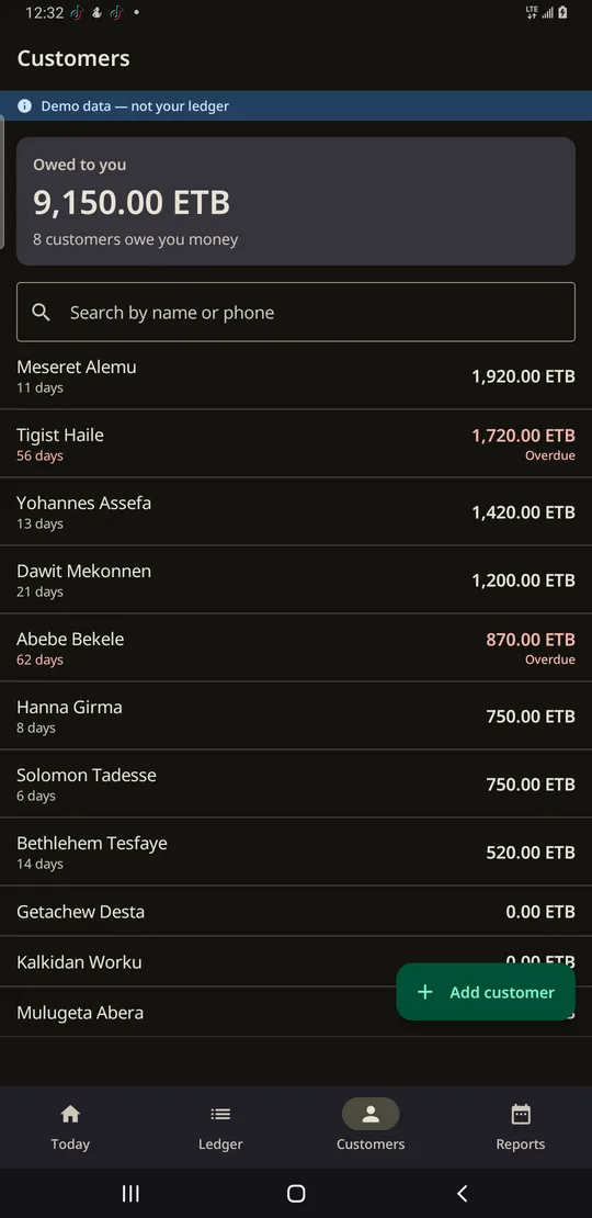 Mezgeb's Customers screen: who owes the shop, and for how long