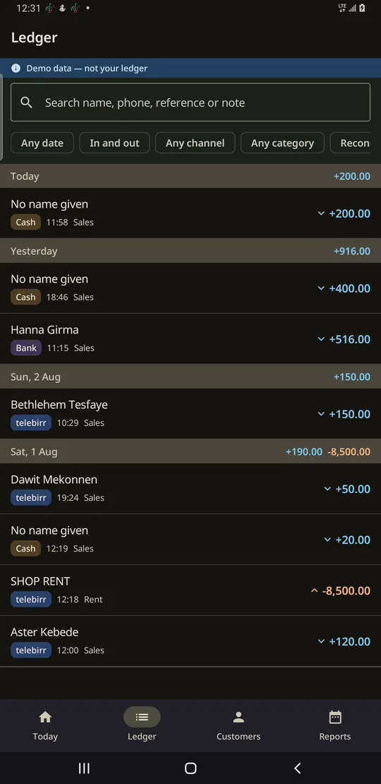 Mezgeb's Ledger screen: every transaction, grouped and filterable