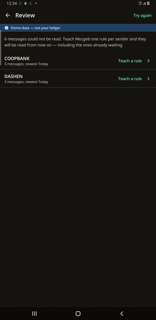 Mezgeb's review queue: messages no rule could read yet