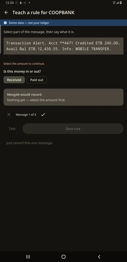 Mezgeb's teach-a-rule screen: a new parsing rule induced from a real message