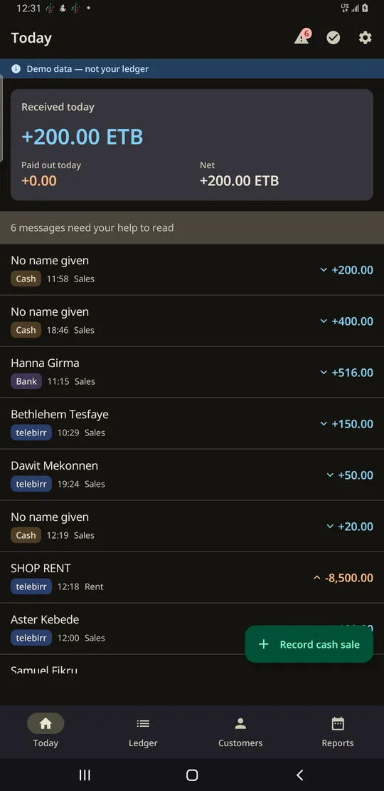 Mezgeb's Today screen: the day's captured payments, in and out